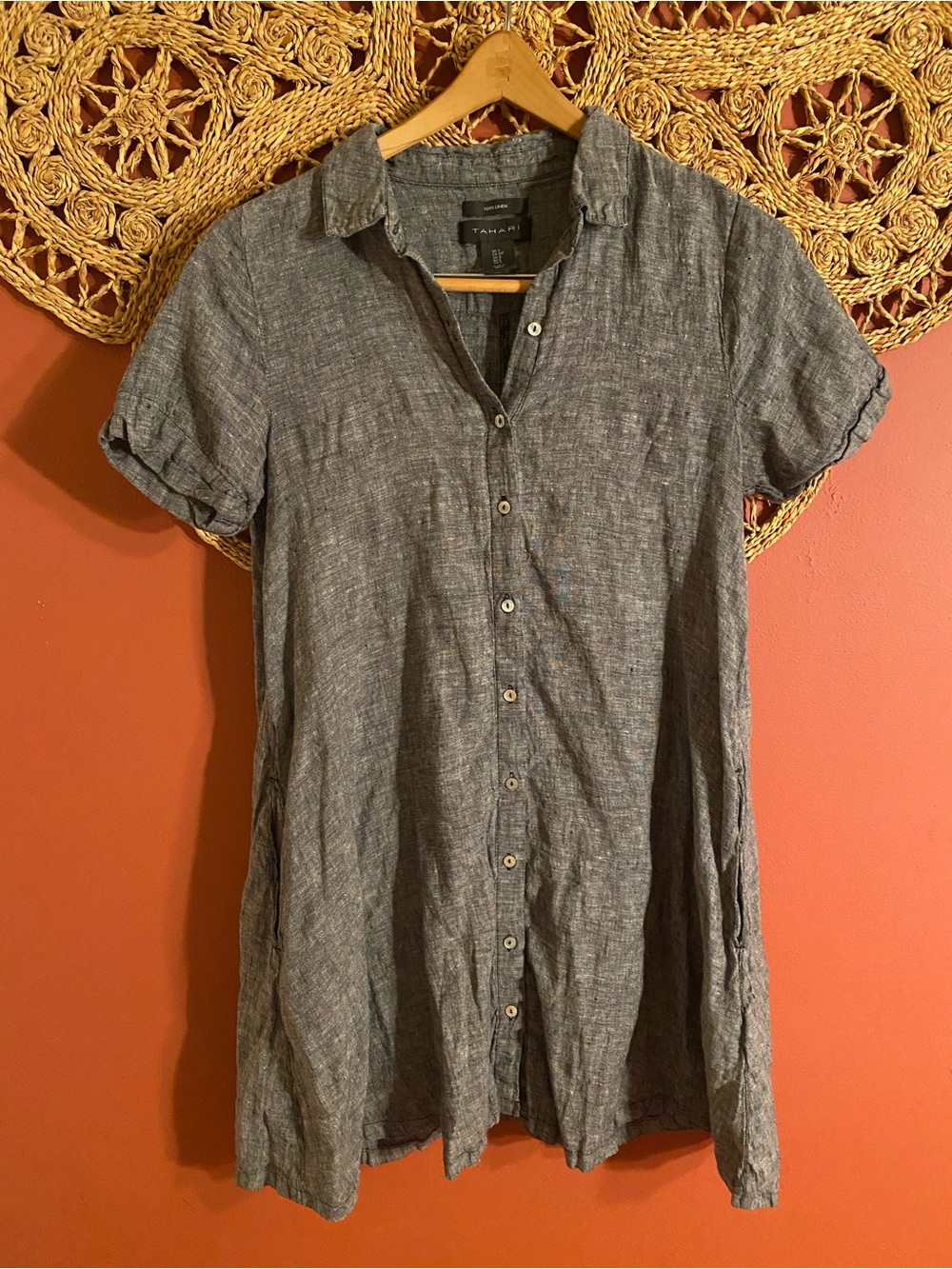 TAHARI 100% Linen Short Sleeve Shirt Dress with Pockets - Size Small